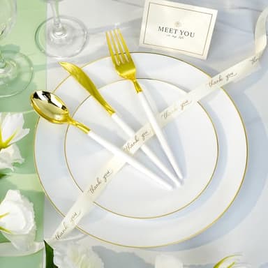 Bestluck 100PCS White Plastic Plates with Gold Rim, White Gold Disposable Plates for Party, Wedding, Include 50 Dinner Plates, 50 Dessert Plates for 50 Guests - Image 3