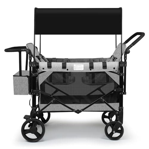 VOOI Stroller Wagon 4 Seater, Wagon for Kids, Collapsible W4 Stroller with Seats with 5-Point Harnesses, Easy Access Zipper Door, and Removable Sun Canopy (Grey, W4-Large) - Image 1