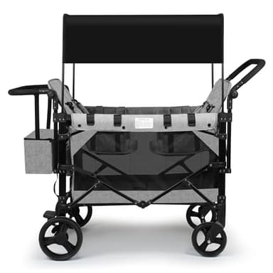 VOOI Stroller Wagon 4 Seater, Wagon for Kids, Collapsible W4 Stroller with Seats with 5-Point Harnesses, Easy Access Zipper Door, and Removable Sun Canopy (Grey, W4-Large) - Image 1