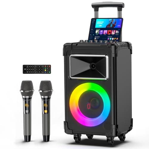 JYX Karaoke Machine with 2 Wireless Mics, 10" Woofer 500W Peak Power Big Portable Bluetooth Speaker with Bass/Treble Adjustment, PA System with Remote Control, LED Lights, Rolling Wheels and Trolley - Image 1