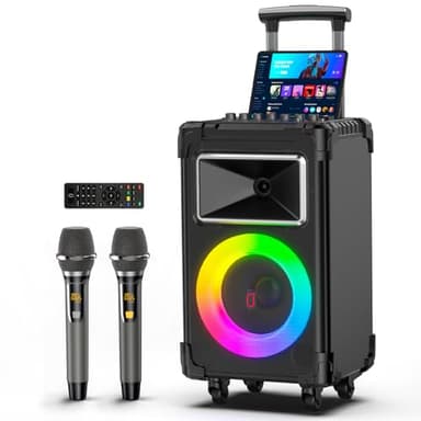 JYX Karaoke Machine with 2 Wireless Mics, 10" Woofer 500W Peak Power Big Portable Bluetooth Speaker with Bass/Treble Adjustment, PA System with Remote Control, LED Lights, Rolling Wheels and Trolley - Image 1