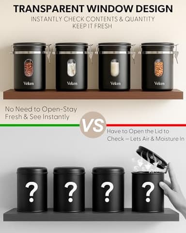 Veken Large Coffee Canister with Window, Rice Kitchen Food Storage Airtight Stainless Steel Container with Lids, Date Tracker and Scoop, Grounds, Beans, Tea, Flour, Cereal, Sugar Jars, 38oz, Black - Image 2
