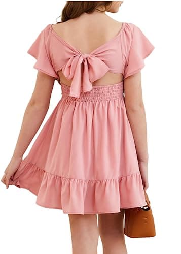 DOKOTOO KIDS Girls Special Occasion Dresses Summer Back Bow Tie Cute Dress Pink 12-13 Years Old - Image 1
