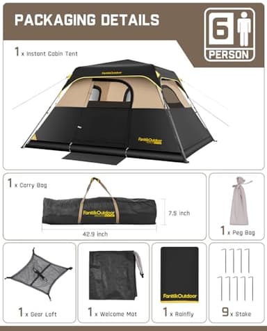 FanttikOutdoor Zeta C6 Pro Camping Tent 6 Person Instant Cabin Tent Setup in 60 Seconds with Rainfly & Windproof Portable with Carry Bag for Family Camping & Hiking, Khaki - Image 7