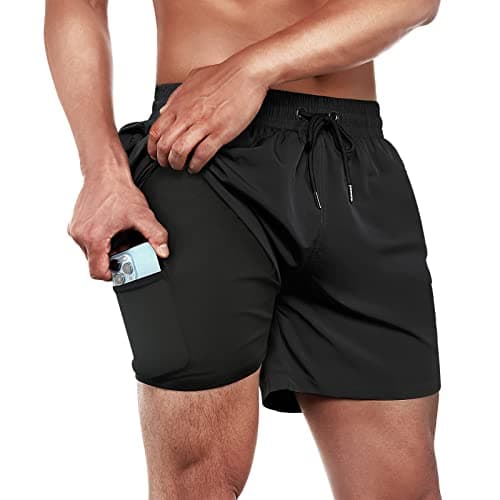 BRISIRA Mens Swim Trunks Swim Shorts Quick Dry 5 inch Inseam Beach Shorts with Compression Liner and Zipper Pocket Black - Image 1