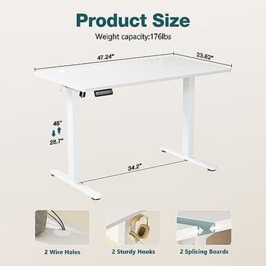 Elevon Electric Adjustable Height Standing Desk - 48 x 24 inch Sit to Stand Up Desk with Splice Board, Rising Home Office Computer Table with 2 Hook and Wire Hole for Work - Image 3
