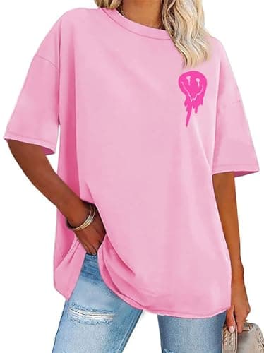 Womens Oversized Tshirt Graphic Tees Crew Neck Summer Short Sleeve Loose Fit Tops (A-Letter Print Pink, L) - Image 1