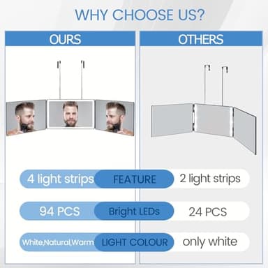 Vanexiss Rechargeable 3 Way Mirror for Hair Cutting, Real Glass Adjustable Trifold Mirror with 3 Color Temps LED Light & Telescoping Hooks for Makeup, Shaving & Styling - Image 3