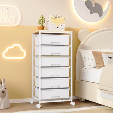 Rolling Storage Cart with Drawers,Utility Cart with 6 Large Drawers and Wooden Tabletop,Craft Storage Cart with Lockable Wheels for Bedroom, Office, Classroom, Kids'Room, Living Room (White) - Image 8