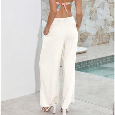 Duyang Womens Cotton Linen Palazzo Pants Drawstring Elastic Waist Casual Wide Leg Trousers with Pockets(Apricot,S) - Image 5