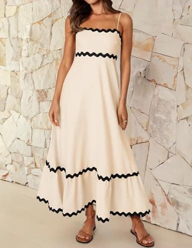 ZESICA Women's 2025 Summer Spaghetti Straps Sleeveless Backless Sundress Flowy Smocked Lace Swing A Line Midi Dress,Apricot,Medium - Image 2