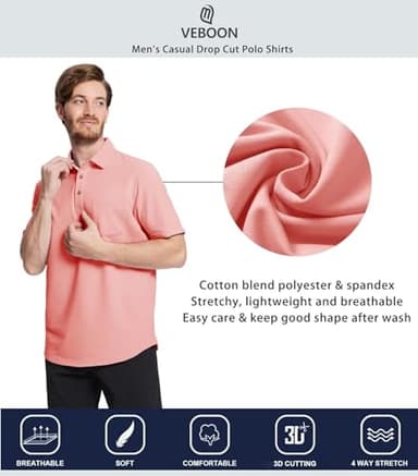 Mens Short Sleeve Polo Shirt Casual Cotton Polo Shirts Drop Cut Mens Regular Fit Polo with Pocket Coral Pink - Image 5
