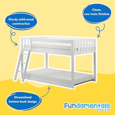 Max & Lily Fundamental Twin Low Bunk Bed, Kids Solid Wood Modern Bed Frame with Strong Wooden Slats, Non-Toxic Finishes, High Weight Capacity, White - Image 3