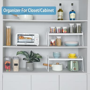 2 Pack Expandable Kitchen Cabinet Shelves Organizers, Stackable Adjustable Small Storage Shelf Rack Stand Riser for Pantry Cabinet Cupboard Kitchen Counter Organization, 22 lbs Capacity, Length:20.5" - Image 6
