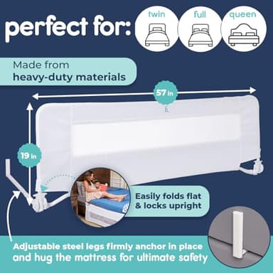 hiccapop 57" x 19" Extra Long Bed Rail for Toddlers, Heavy Duty Swing Down Bed Rail Guard with Soft Mesh Cover Safely Fits Twin, Full, Queen Beds - Image 3