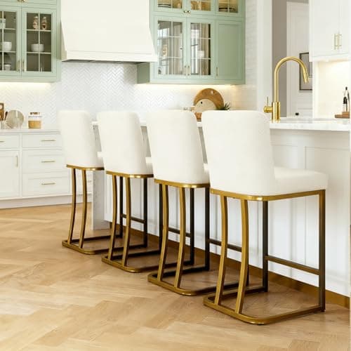 MAISON ARTS Off White & Gold Counter Height Bar Stools with Back Set of 4 for Kitchen Counter 24 Inch Modern Upholstered Faux Leather Barstools Farmhouse Bar Chairs Luxury Island Stools Support 330LBS - Image 1