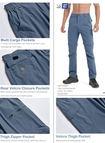 Men's Hiking Convertible Zip Off Pants Outdoor Waterproof Quick Dry Lightweight Fishing Safari Travel Cargo Work Pants Stone Blue 38 - Image 3