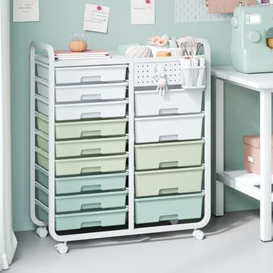 SYKIARIOL 14 Drawer Rolling Cart with Tabletop & DIY Pegboard, Storage Cart with Wheels, Classroom Organizers Utility Cart for Office Home School, Art Supplies, Mobile Craft Organizer, Green - Image 8
