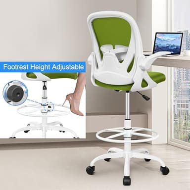 Primy Drafting Chair Tall Office Chair with Flip-up Armrests Executive Ergonomic Computer Standing Desk Chair with Lumbar Support and Adjustable Footrest Ring (AvocadoGreen) - Image 3