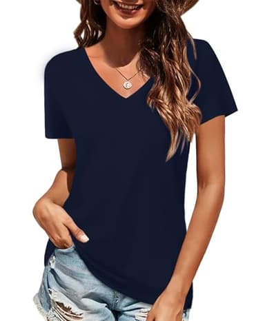 Elesomo Women Short Sleeve Tops for Summer Vneck Cotton Tee Shirt, Navy Blue S - Image 1