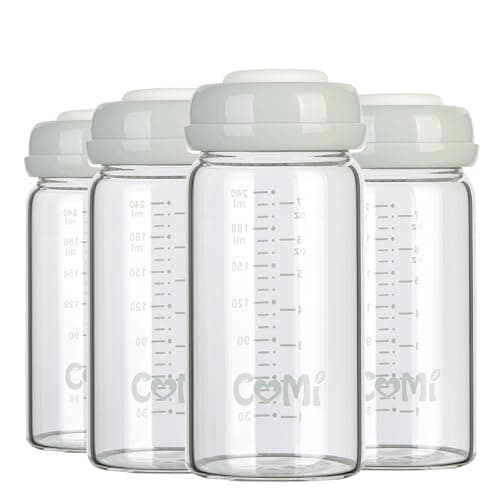 COMI Wide Neck Glass Breastmilk Collection n Storage Bottle, 8oz with Screw Ring Sealing Disk; Re-markable Sealing Disc. BPA Free, Fits Breast Pumps & Nipples (4 Gray Lids) - Image 1