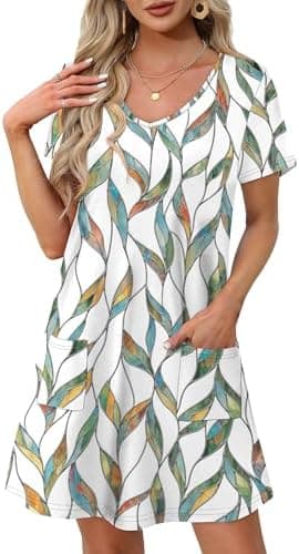 OFEEFAN Summer Dresses for Women 2025 Loose V Neck Short Sleeve Casual T Shirt Dress Sundresses Swimsuit Coverup with Pockets - Image 3