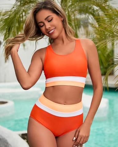Dipinon Women's High Waisted Bikini Sets Two Piece Swimsuit Color Block Sporty Athletic Scoop Neck Bathing Suits (Orange,L) - Image 4