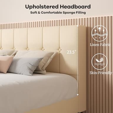 UNIZONE Queen Bed Frame with Button Tufted Headboard, Velvet Upholstered Platform Bed Frame, Mattress Foundation with Wooden Slat Support, Noise Free, No Box Spring Needed, Easy Assembly, Beige - Image 4