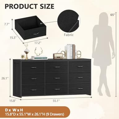 OURPIC Black Dresser for Bedroom, Long Dresser for Closet, 9 Drawer TV Stand for 65 Inch TV, 15.75” Deepth Fabric Drawer, Chest of Drawer Large Storage Organizer, Hallway Furniture, Wooden Top Side - Image 3