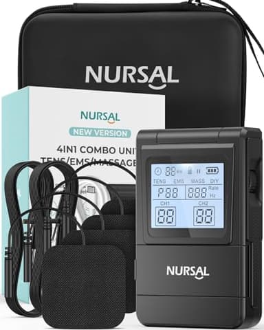 NURSAL Tens Unit Muscle Stimulator, 4 in 1 TENS EMS Machine with 25 Modes Include DIY, 40 Intensities Electric Massager for Shoulder, Back Pain Relief, TENS Pads, A Carry Case - Image 1