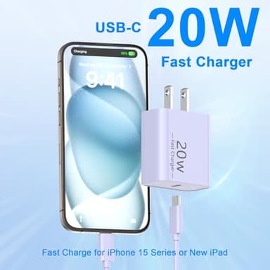 Matsusho iPhone 16 15 Charger Fast Charging 10 FT, 2 Pack 20W USB C Wall Charger with 10FT Type C Charger Fast Charging Cable for iPhone 17/17 Pro/17 Pro Max/Air/16/16 Pro/16 Pro Max/15 Pro Max,Purple - Image 2