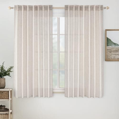 MIULEE White Short Linen Curtains 45 Inch Length 2 Panels for Kitchen Bedroom Bathroom, Soft Thick Linen Textured Natural Basement Window Drapes Semi Sheer Light Filtering Back Tab Rod Pocket - Image 1