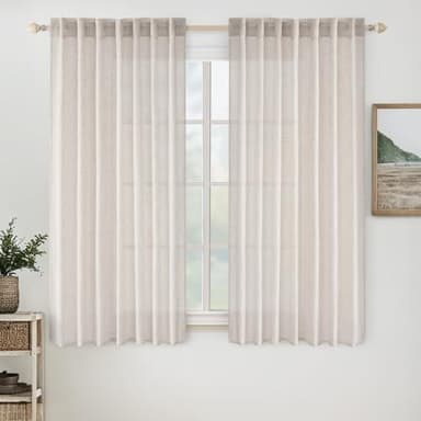 MIULEE White Short Linen Curtains 45 Inch Length 2 Panels for Kitchen Bedroom Bathroom, Soft Thick Linen Textured Natural Basement Window Drapes Semi Sheer Light Filtering Back Tab Rod Pocket - Image 1