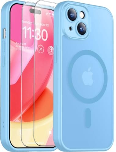 SPIDERCASE Designed for iPhone 15 Case, Magnetic Translucent with 2PCS Tempered Glass Screen Protector Anti-Fingerprint Anti-Scratch Phone Case,Light Blue - Image 1