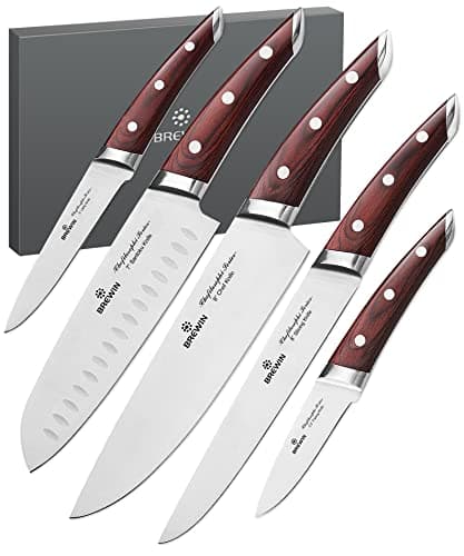 Brewin CHEFILOSOPHI Japanese Chef Knife Set 5 PCS with Elegant Red Pakkawood Handle Ergonomic Design,Professional Ultra Sharp Kitchen Knives for Cooking High Carbon Stainless Steel - Image 1