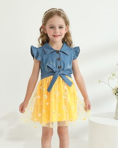 Toddler Girl Denim Tulle Dresses 3T 4T Girl Clothes Summer Outfit Toddler Yellow Short Sleeve Prom Dress Ruffle Party Swing Sundress 3 4 Year Old - Image 2