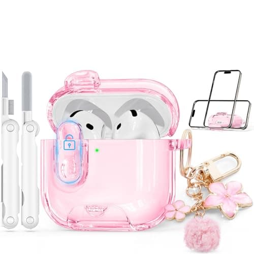 Skyconser with Safety Lock for Apple AirPods 4 Case 2024,Clear Cases with Phone Stand & Cleaning Kit,Soft TPU Cover for AirPods 4th Generation Case,Cute Bling Keychain for Women Girls-Clear Pink - Image 1