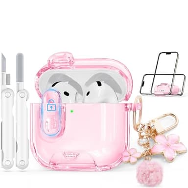 Skyconser with Safety Lock for Apple AirPods 4 Case 2024,Clear Cases with Phone Stand & Cleaning Kit,Soft TPU Cover for AirPods 4th Generation Case,Cute Bling Keychain for Women Girls-Clear Pink - Image 1