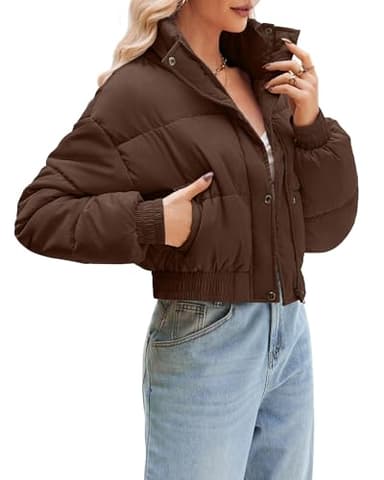 URMOSS Women's Cropped Puffer Jacket Long Sleeve Puffy Coat Winter Lightweight Stand Collar Button Down Zip Up Quilted Padded Outwear with Pockets Brown XL - Image 2
