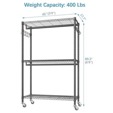 VIPEK R2 Plus Heavy Duty Rolling Garment Rack 3 Tiers Adjustable Wire Shelving Clothes Rack with Double Rods and Side Hooks, Freestanding Wardrobe Storage Rack Metal Clothing Rack, Black - Image 6