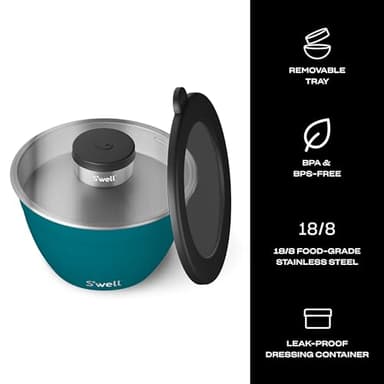 S'well Stainless Steel Salad Bowl Kit 64oz, Peacock Blue, Comes with 2oz Mini Canister and Removable Tray for Organization, Leakproof, Easy to Clean, Dishwasher Safe - Image 3