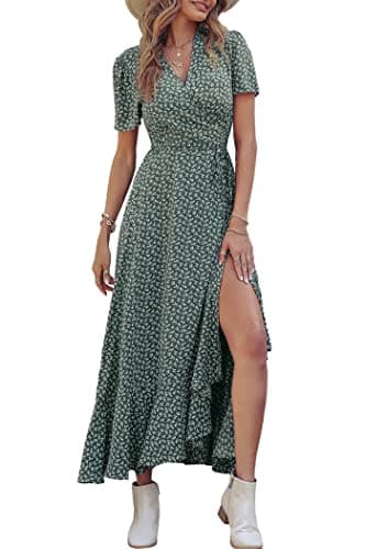 PRETTYGARDEN Women's Summer Wrap Maxi Dress Casual Boho Floral V Neck Short Sleeve Ruffle Hem Split Beach Long Dresses (Dark Green Floral,X-Large) - Image 1