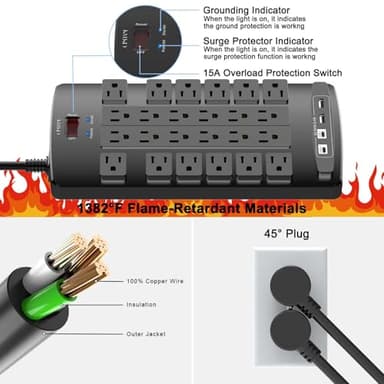 QINLIANF Surge Protector Power Strip - 6Ft Flat Plug Heavy Duty Extension Cord with 24 Outlets and 4 USB Ports(2 USB-C Ports), 1875W/15A, 4100J, for Home, Office, Dorm, ETL Listed, Black - Image 6