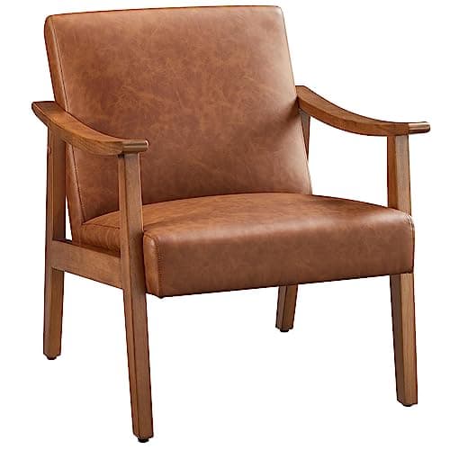 Yaheetech PU Leather Accent Chair, Mid-Century Modern Armchair with Solid Wood Legs, Reading Leisure Chair with High Back for Living Room Bedroom Waiting Room, Light Brown - Image 1