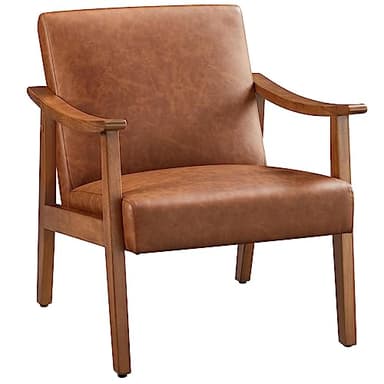 Yaheetech PU Leather Accent Chair, Mid-Century Modern Armchair with Solid Wood Legs, Reading Leisure Chair with High Back for Living Room Bedroom Waiting Room, Light Brown - Image 1