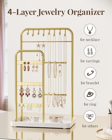 pickpiff Jewelry Holder Stand: Jewelry Display for Necklace, Bracelet, Earring, Ring, White & Gold - Image 6