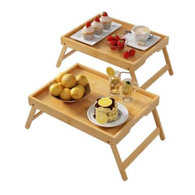 Youpehom Bed Tray Table with Folding Legs,Bamboo Breakfast in Bed for Kitchen Serving Tray,Sofa,Eating,Used As Laptop Desk Snack Tray 2 Pack (Bamboo) - Image 1
