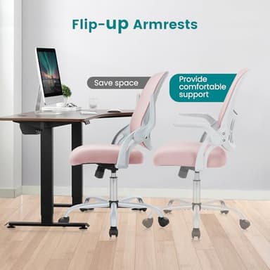 SMUG Computer Desk Chair - Ergonomic Mid-Back Mesh Rolling Swivel Task Chair with Wheels, Comfy Lumbar Support with Flip-up Arms, for Home, Gaming, Study, Student, Pink - Image 6