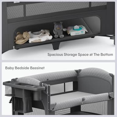 Obee Odee 4 in 1 Baby Bassinet, Pack and Play, Bedside Crib Sleeper, Diaper Changer - Comes with Mattress, Mosquito Net，Bottom Storage and Toy Bar for Newborn to Toddles - Image 5