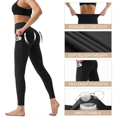 High Waisted Leggings for Women with Pockets - Tummy Control Yoga Pants for Workout Running Athletic No See Through Black - Image 4